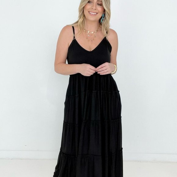 Zenana V-Neck Cami Maxi Tiered Dress with Side Pockets in Dark Olive - Picture 10 of 11